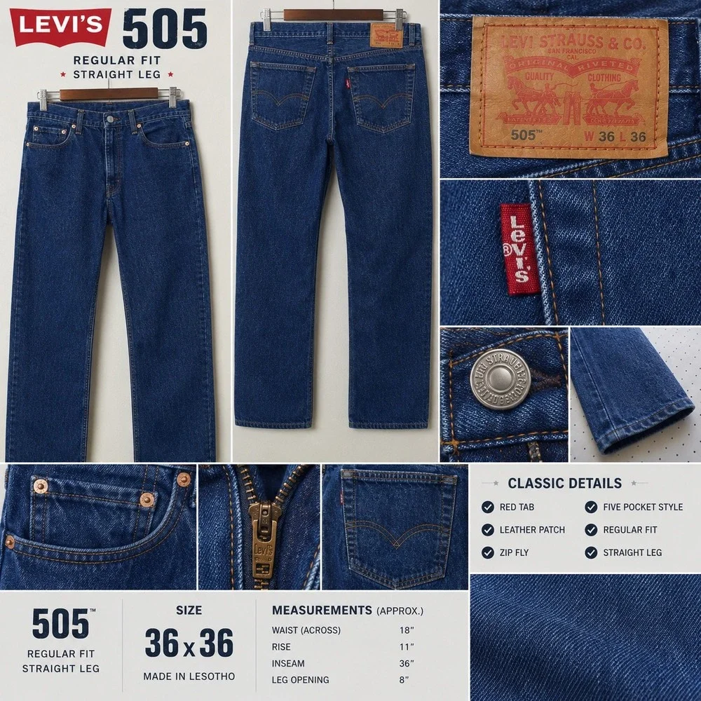 Levis 505 Regular Fit Straight Leg Blue Denim Jeans Mens 36x36 Dark Wash Zip Fly